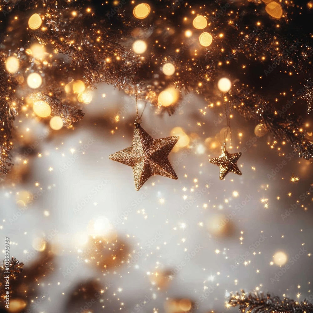 Fototapeta premium Golden Stars, Sparkling Lights, and Dreamy Bokeh Create a Magical Festive Christmas Background