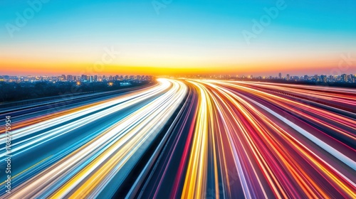 Highway with Light Trails at Sunset in Urban Cityscape. Long Exposure of Fast-Moving Traffic Lights Against City Skyline