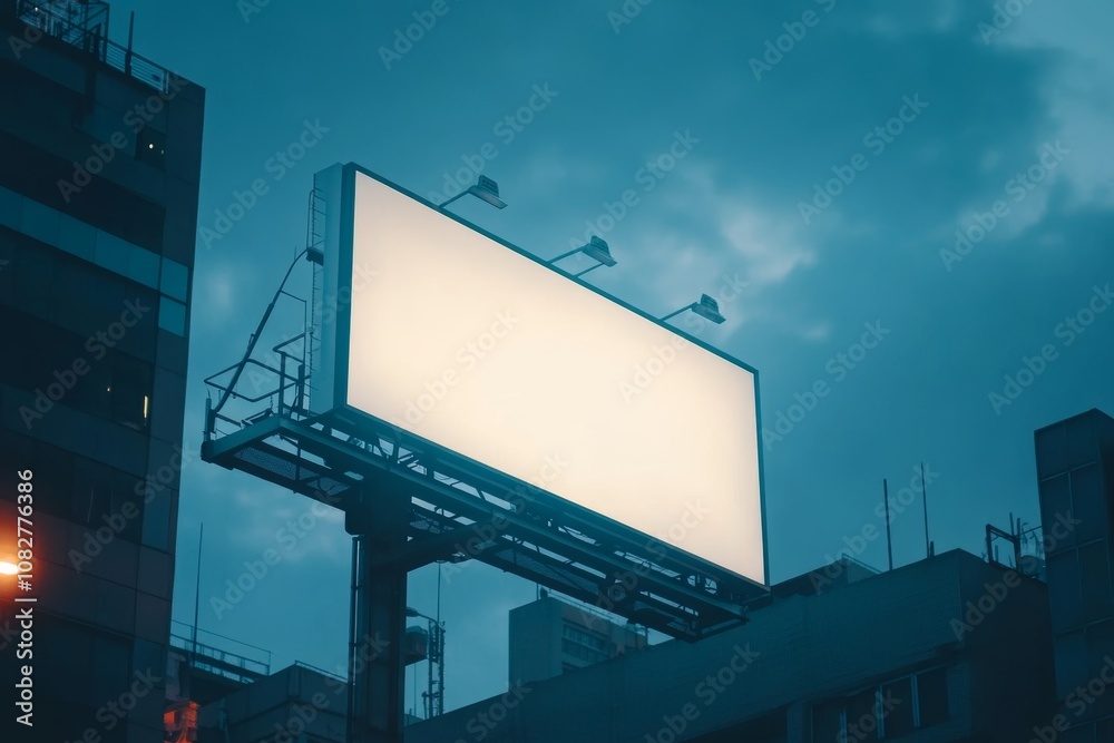Large blank billboard on building facade illuminated by evening city lights with a blurred background creating a minimalist urban atmosphere Large blank billboard on building facade illuminated by evening city lights with a blurred background creating a minimalist urban atmosphere
