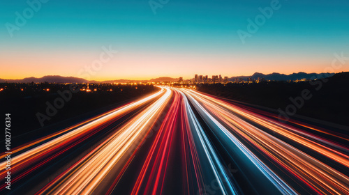 Highway with Light Trails at Sunset in Urban Cityscape. Long Exposure of Fast-Moving Traffic Lights Against City Skyline