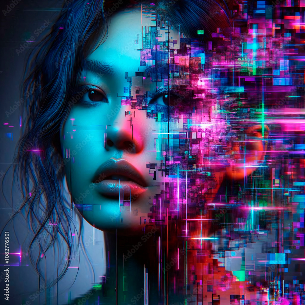 Glitch portrait of a person, VHS tape Glitch portrait of a person, VHS tape