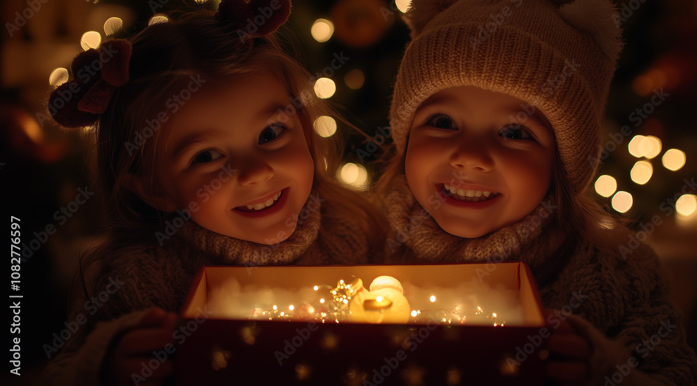 Christmas smiles on the faces of two little girls as they discover a glowing toy inside their gift, with lights and stars in the background. Christmas smiles on the faces of two little girls as they discover a glowing toy inside their gift, with lights and stars in the background.