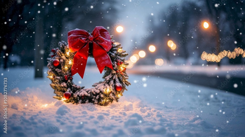 A Snowy Christmas Wreath with Lights and a Red Bow A Snowy Christmas Wreath with Lights and a Red Bow