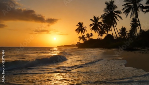 Tropical Sunset Over a Remote Beach With Palm Trees Silhouetted Against the Golden Horizon, While the Ocean Waves Gently Lap the Shoreline Under a Vibrant Orange Sky