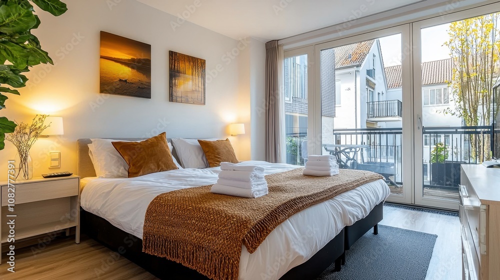 A cozy bedroom with a large bed, white linens, and a balcony overlooking a city street. A cozy bedroom with a large bed, white linens, and a balcony overlooking a city street.