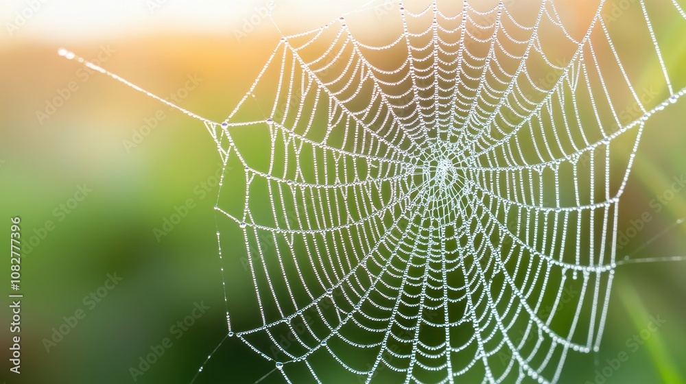 Fototapeta premium Intricate Spider Web Glistening with Morning Dew on a Soft Background of Green Nature, Capturing the Beauty of Natural Architecture and Serenity