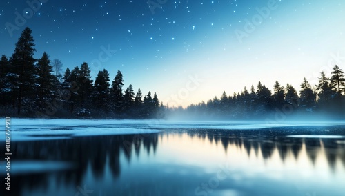 Serene winter landscape with a calm river and starry night sky.