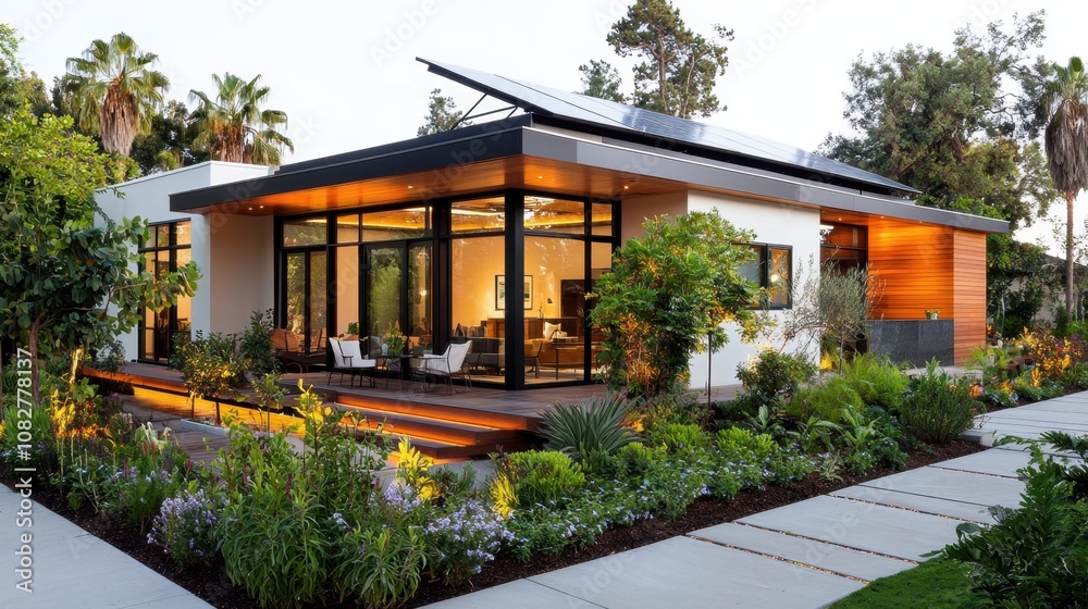 Modern house with solar panels, large windows, wooden deck, and lush landscaping. Modern house with solar panels, large windows, wooden deck, and lush landscaping.