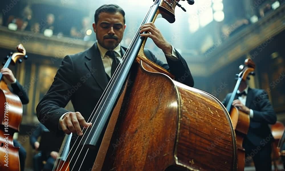 Musician playing a double bass in a grand concert hall.