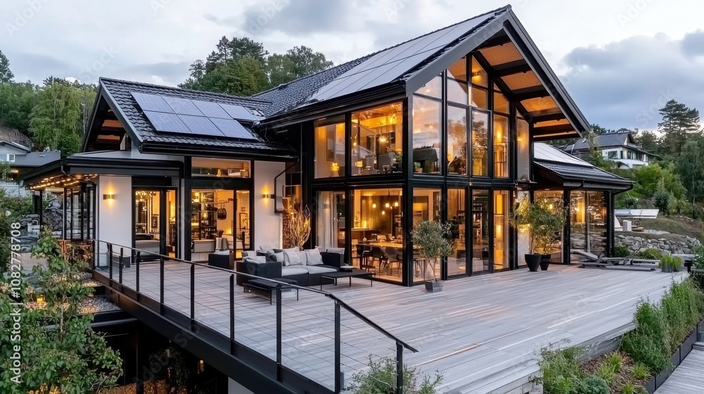 Modern luxury home with large windows, a deck, and solar panels on the roof. Modern luxury home with large windows, a deck, and solar panels on the roof.