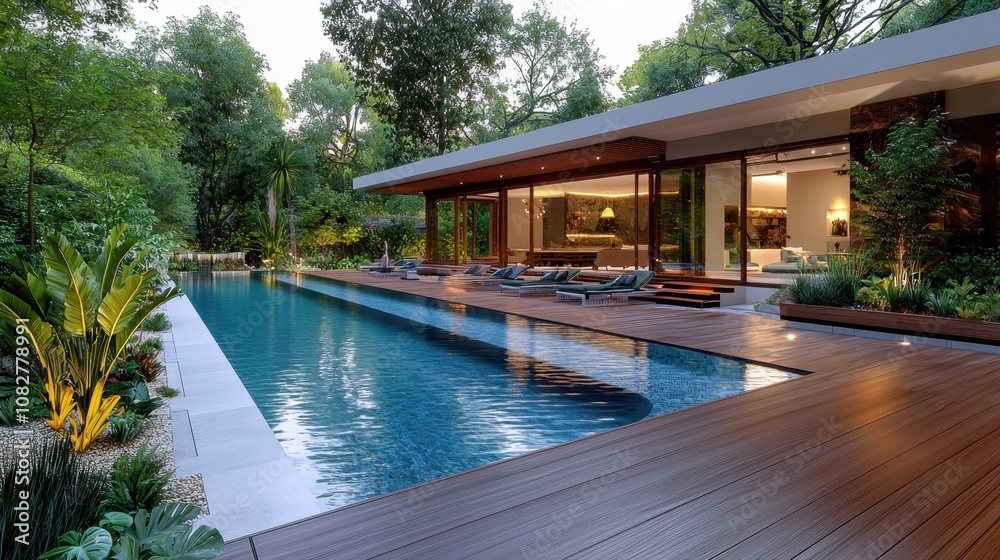 Fototapeta premium Luxurious modern home with infinity pool and expansive deck nestled in lush greenery.