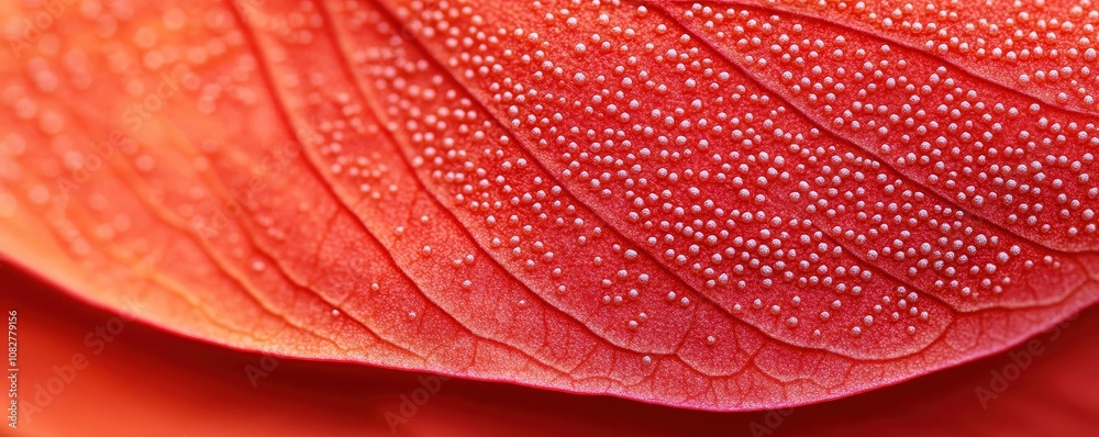 Fototapeta premium Close-up of a Vibrant Red Leaf Capturing Intricate Textures and Dew Drops Against a Soft Background for Nature and Botanical Photography