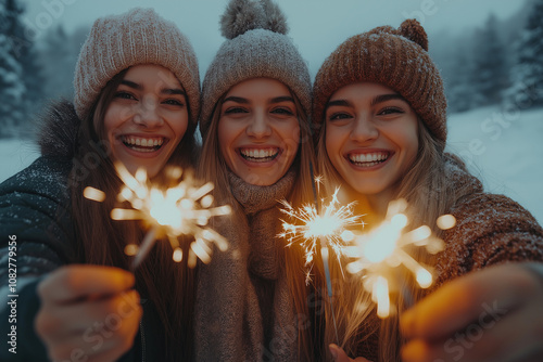 A gathering of friends at Christmas, illuminated by sparklers and the charm of winter holidays with snow.
