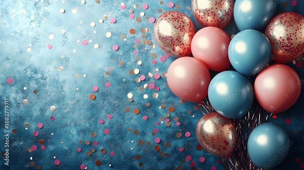 A cluster of blue, pink, and gold balloons with confetti on a blue background. A cluster of blue, pink, and gold balloons with confetti on a blue background.