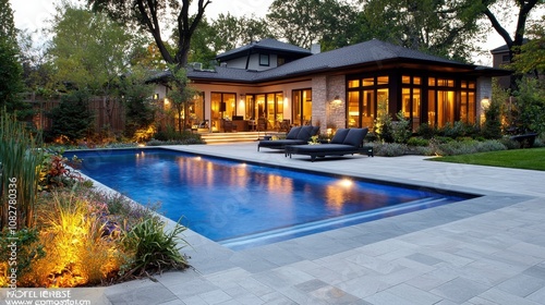 A modern home with a swimming pool and a patio with lounge chairs in the backyard.