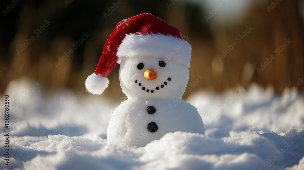 Fototapeta premium A Snowman Wearing a Red Santa Hat in a Snowy Landscape