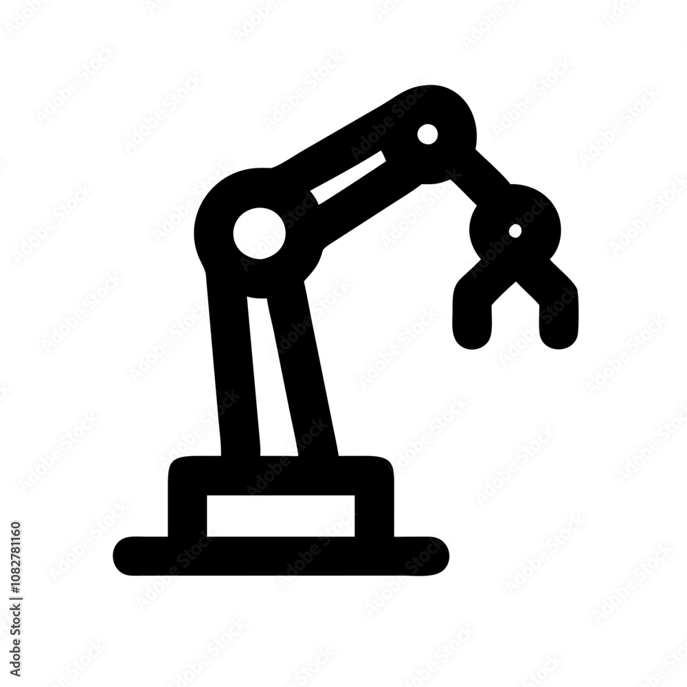 Black and white robotic arm icon, representing automation or robotics themes.