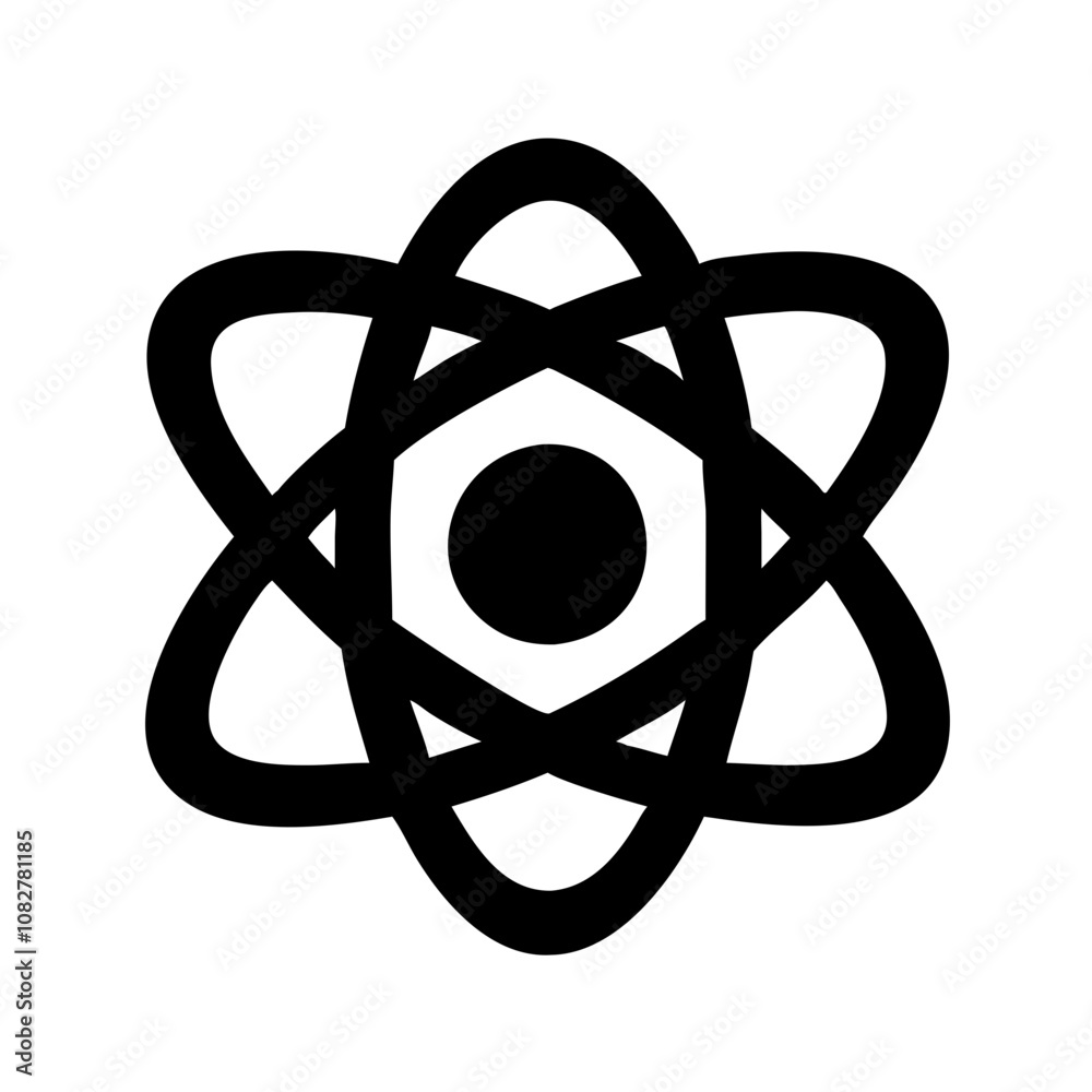 Black and white atom icon, ideal for science or technology concepts. Black and white atom icon, ideal for science or technology concepts.