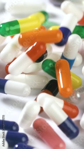 Colorful pills fall onto a white surface in slow motion. Vertical Video.