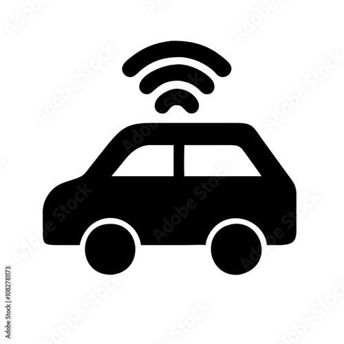 Black and white icon of an autonomous vehicle with signal waves, representing self driving cars.