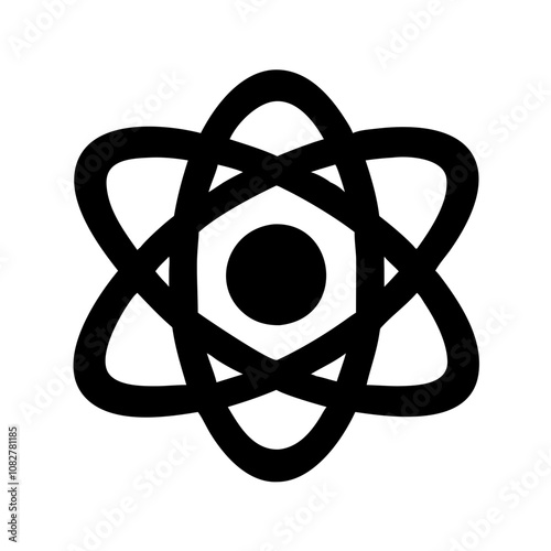 Black and white atom icon, ideal for science or technology concepts.