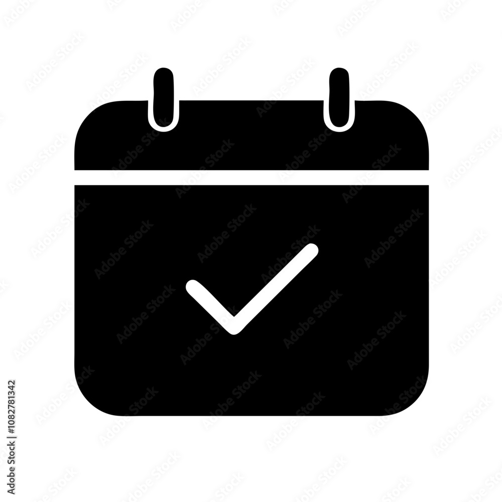 Black and white calendar icon with a checkmark, representing schedules or tasks completed. Black and white calendar icon with a checkmark, representing schedules or tasks completed.