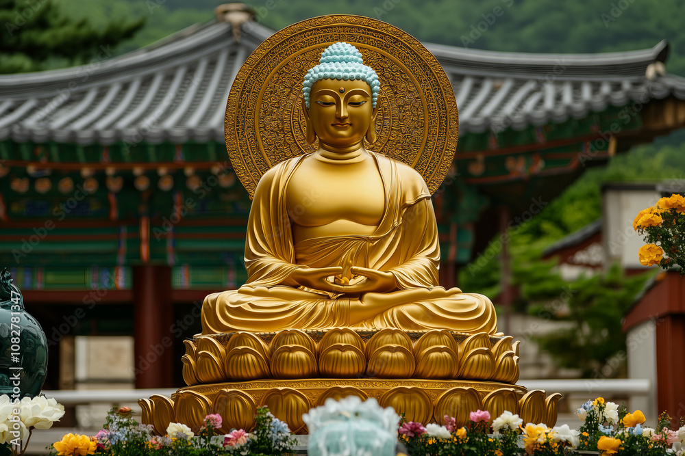 Golden Buddha Statue in Tranquil Temple Garden Golden Buddha Statue in Tranquil Temple Garden