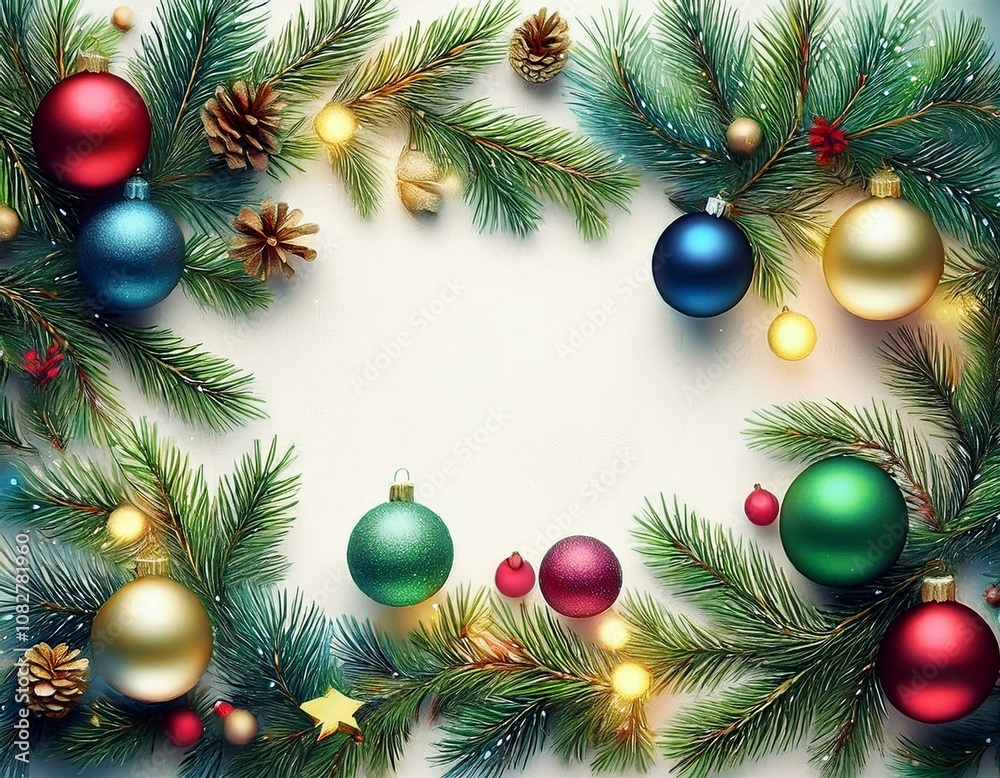 Marco navideño colorido, con ramas de arbol de navidad, bolas y luces de colores, espacio para exto