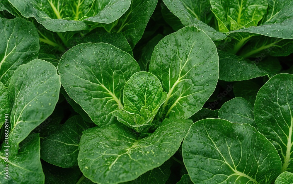 Fototapeta premium Lush green romaine lettuce leaves display vibrant textures and a rich hue, perfect for salads and healthy dining options.