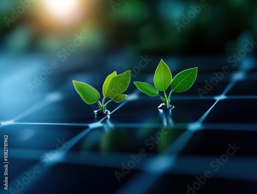A close-up of green seedlings emerging from a solar panel, symbolizing the harmony of nature and renewable energy.