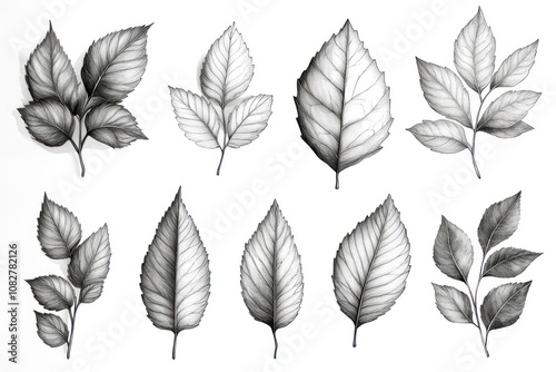 Pencil sketch of ten different leaves, isolated on white background.