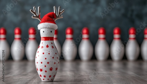 A festive bowling pin decorated as a snowman with reindeer antlers and a Santa hat, surrounded by traditional bowling pins in the background. photo