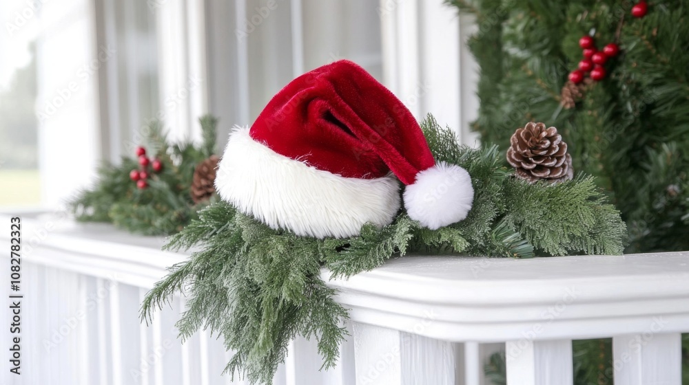 Fototapeta premium Red Santa Hat Resting on Evergreen Branches
