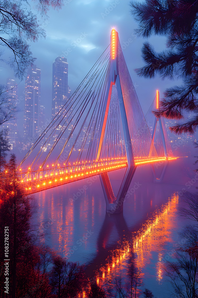 Obraz premium A modern bridge with illuminated cables and a cityscape in the background reflected in the water.