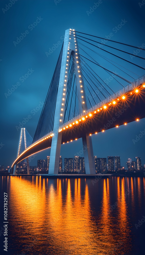 Naklejka premium A modern cable-stayed bridge illuminated at night with the city skyline in the background.