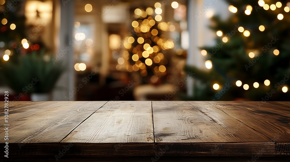 Simple wooden table in focus, blurred background of soft, glowing Christmas lights, creating a warm and cheerful holiday atmosphere. --ar 16:9 Simple wooden table in focus, blurred background of soft, glowing Christmas lights, creating a warm and cheerful holiday atmosphere. --ar 16:9