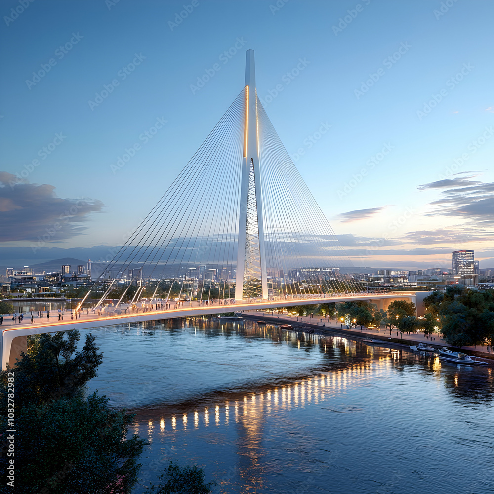 Fototapeta premium A modern cable-stayed bridge with a tall central pylon illuminated at dusk, spanning a wide river with city skyline in the background.