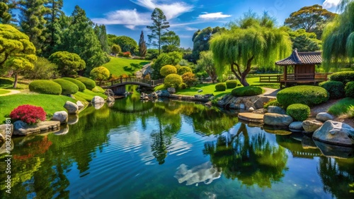 The tranquil setting of Kenneth Hahn Japanese Garden features lush vegetation and calming water elements, offering a peaceful escape for visitors seeking serenity and beauty.