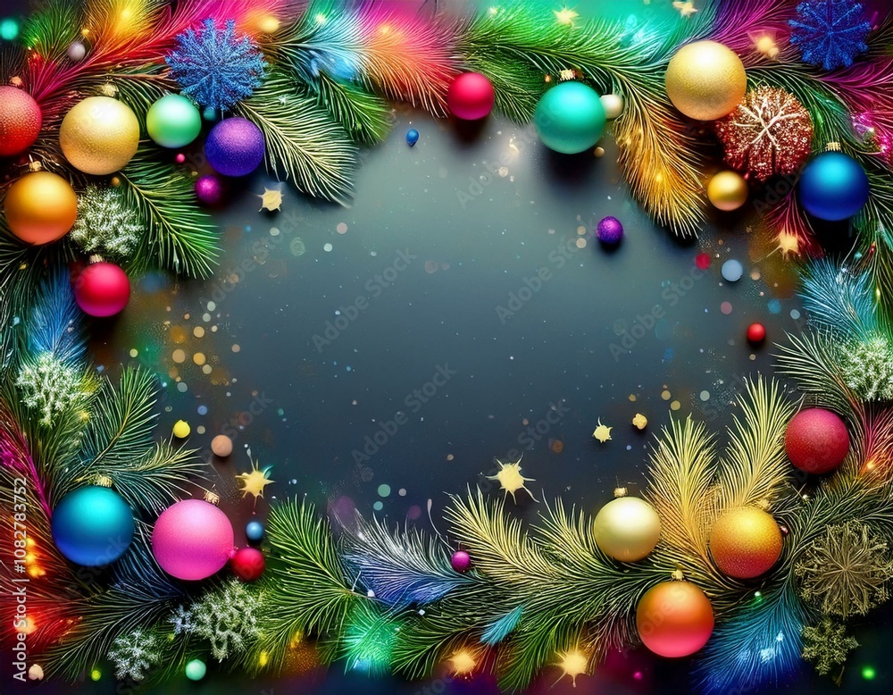 Marco navideño colorido, con ramas de arbol de navidad, bolas y luces de colores, espacio para exto Marco navideño colorido, con ramas de arbol de navidad, bolas y luces de colores, espacio para exto