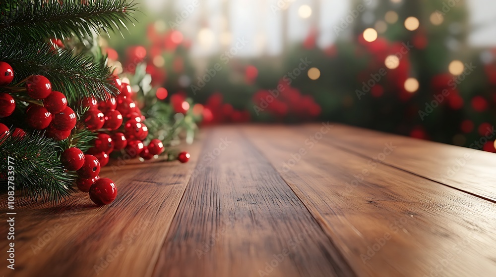 Simple wooden table in the foreground, with a softly blurred backdrop of classic Christmas elements in red and green, capturing the festive spirit of the holiday season. --ar 16:9 Simple wooden table in the foreground, with a softly blurred backdrop of classic Christmas elements in red and green, capturing the festive spirit of the holiday season. --ar 16:9
