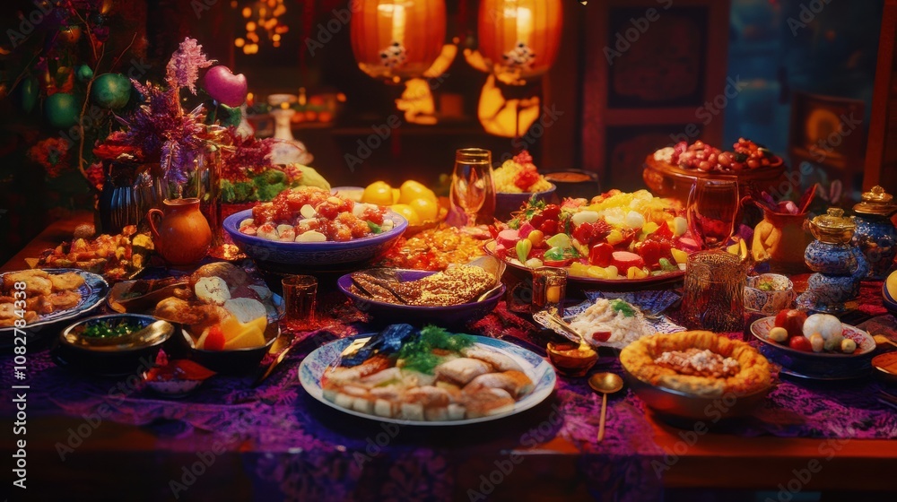 A table filled with traditional New Year foods from around the world, vivid tones highlighting the colorful dishes and celebratory atmosphere. A table filled with traditional New Year foods from around the world, vivid tones highlighting the colorful dishes and celebratory atmosphere.