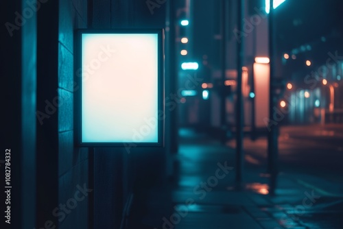 Minimalist poster mockup on modern urban building at night with neon lights and motion blur