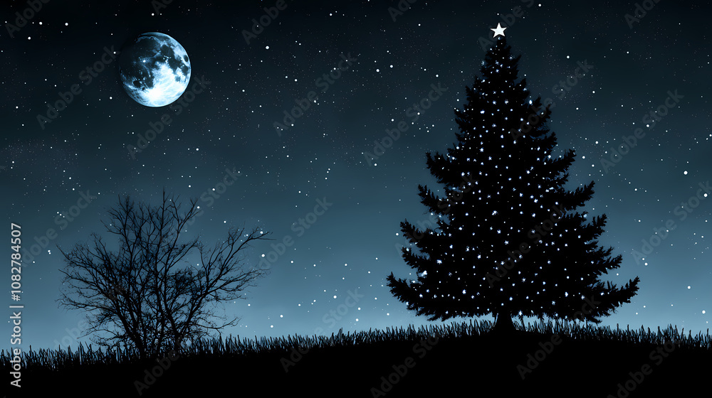Naklejka premium Silhouetted against the moonlit night sky, a majestic black christmas tree stands proud, ornamented with glittering. Ornamented. Illustration