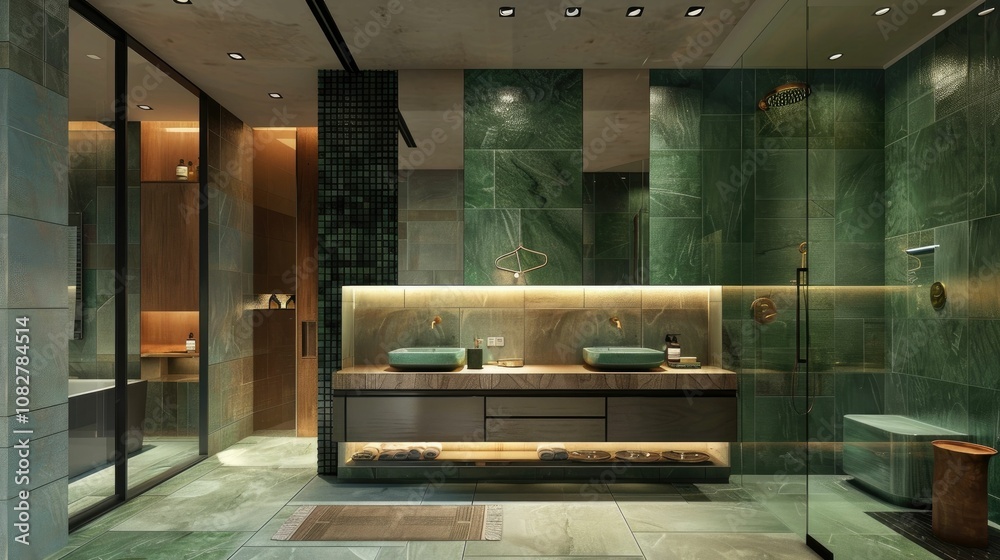 Stylish bathroom with green tiles and modern fixtures Stylish bathroom with green tiles and modern fixtures