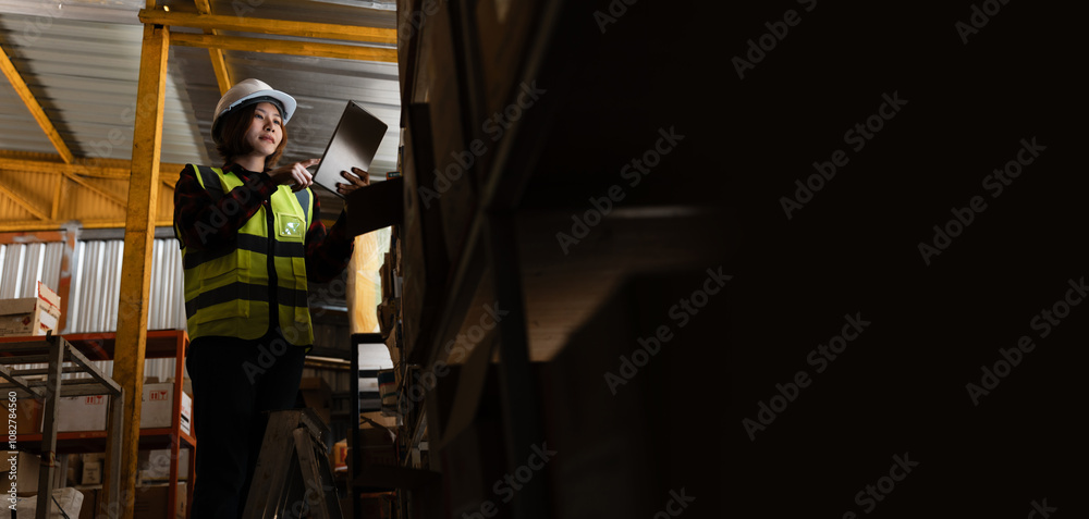 Two workers in a warehouse, one of them wearing a yellow vest Two workers in a warehouse, one of them wearing a yellow vest