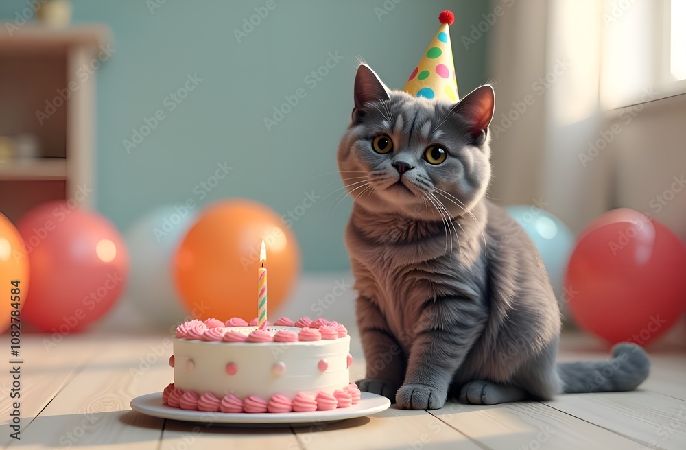 Gray fluffy cat with party hat and birthday cake with candle, colorful balloons in the background. Gray fluffy cat with party hat and birthday cake with candle, colorful balloons in the background.