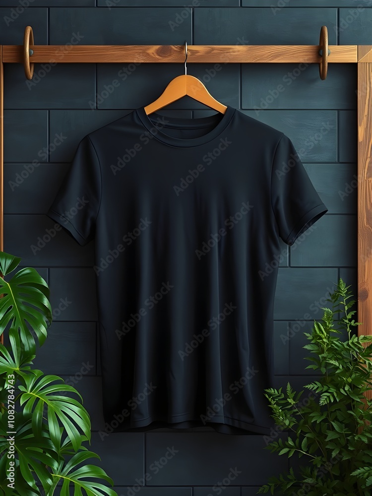 A digital mockup of a black t-shirt hanging on a wooden hanger against a dark tiled wall. The layout is symmetrical, with the t-shirt centered in the frame. A digital mockup of a black t-shirt hanging on a wooden hanger against a dark tiled wall. The layout is symmetrical, with the t-shirt centered in the frame.