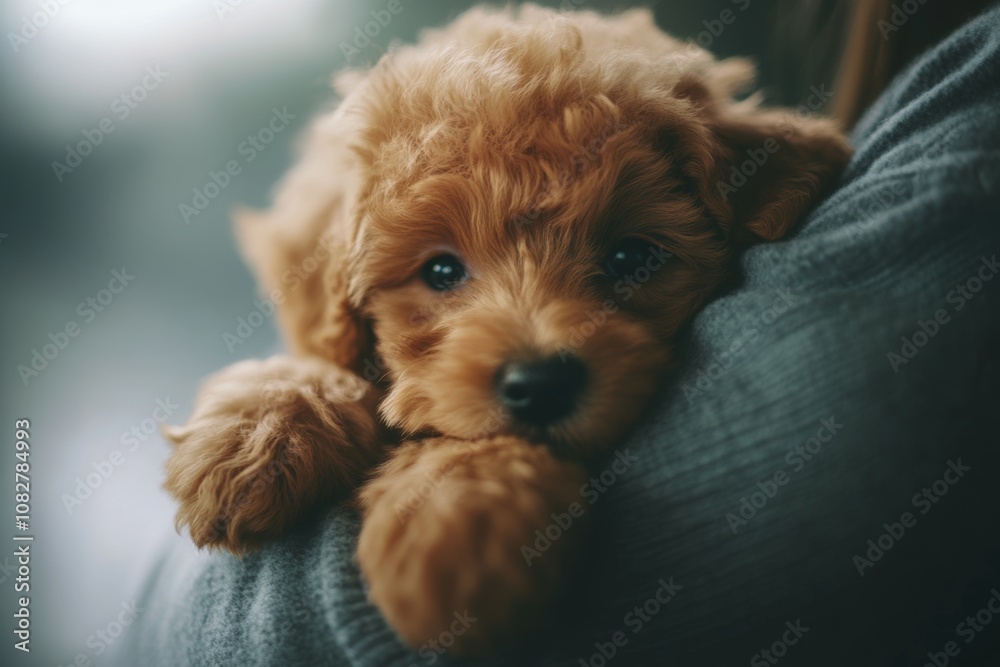 Poodle puppy being carefully held by a veterinarian in a softly lit clinic, radiating warmth and care in the afternoon light Poodle puppy being carefully held by a veterinarian in a softly lit clinic, radiating warmth and care in the afternoon light