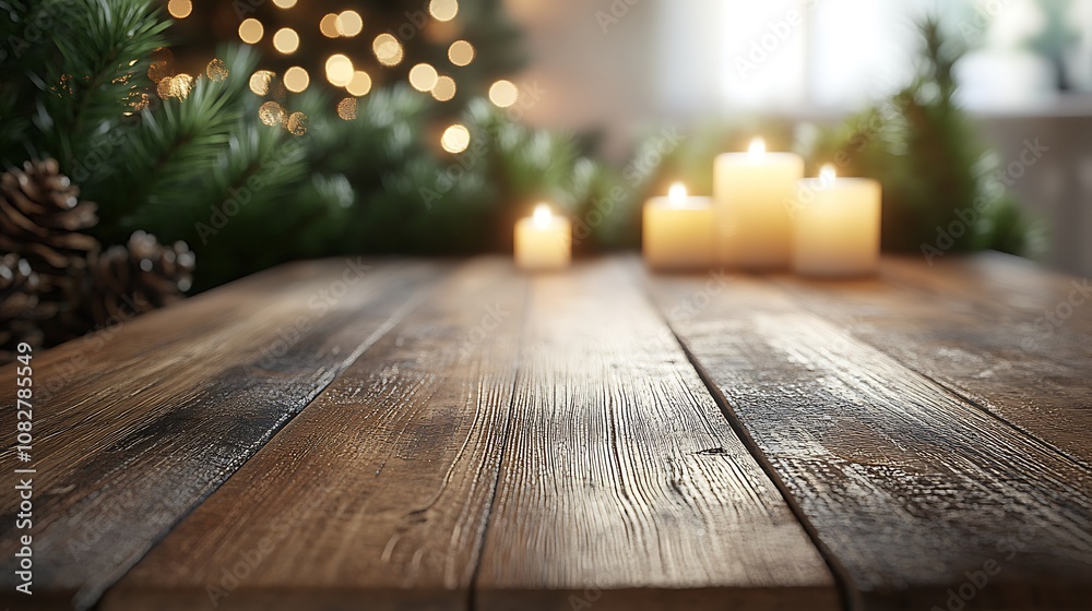 Wooden table close-up, blurred pine branches and softly lit candles in the background, capturing a serene and natural holiday scene, fresh pine scent implied. --ar 16:9 Wooden table close-up, blurred pine branches and softly lit candles in the background, capturing a serene and natural holiday scene, fresh pine scent implied. --ar 16:9