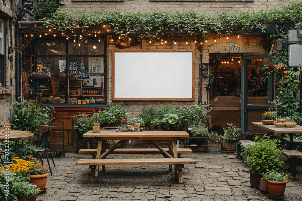 Charming restaurant patio with string lights, plants, wooden tables, and a blank billboard, perfect for showcasing advertisements Charming restaurant patio with string lights, plants, wooden tables, and a blank billboard, perfect for showcasing advertisements